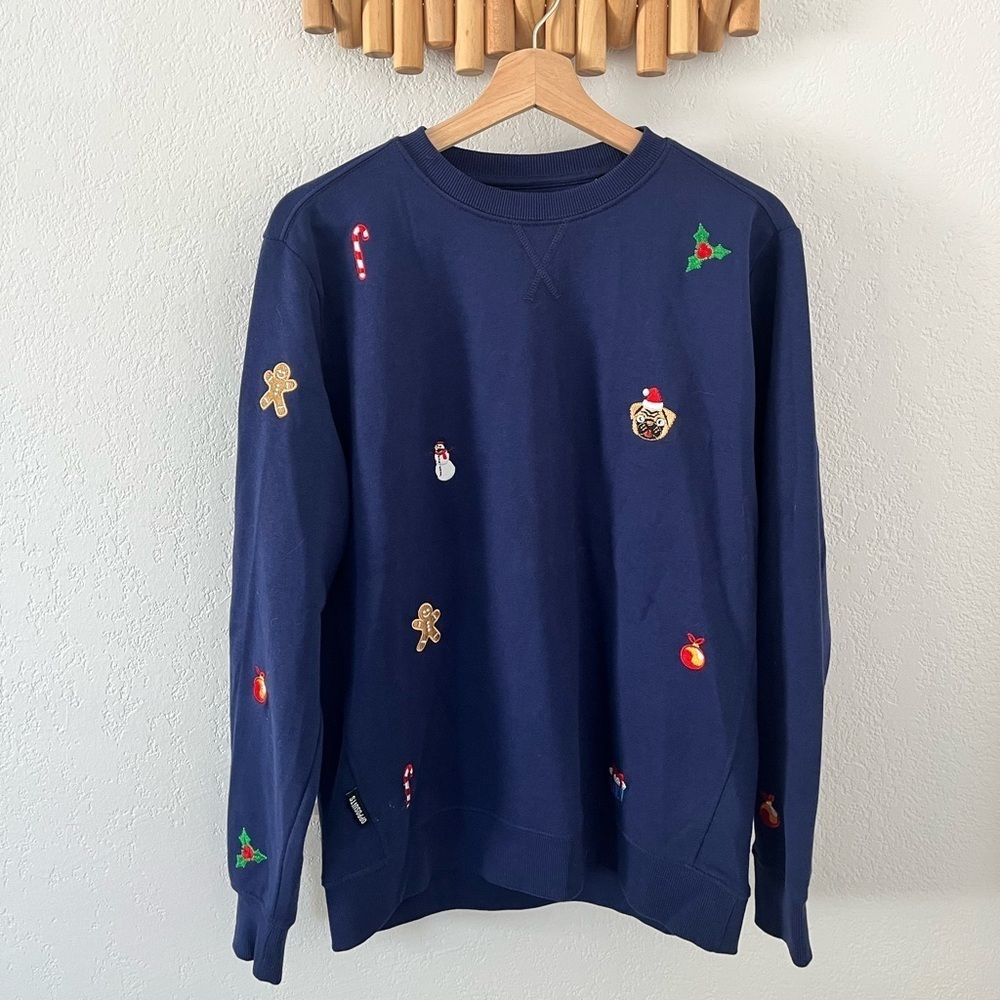 Embroidered Christmas Holiday Sweatshirt Sweater unisex Small Blue Pug crewneck
